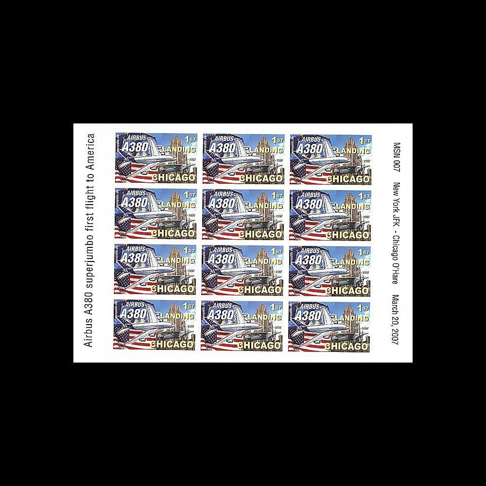 A380-46VND : 2007 - Feuillet non-dentelé '1er atterrissage à Chicago O´Hare'