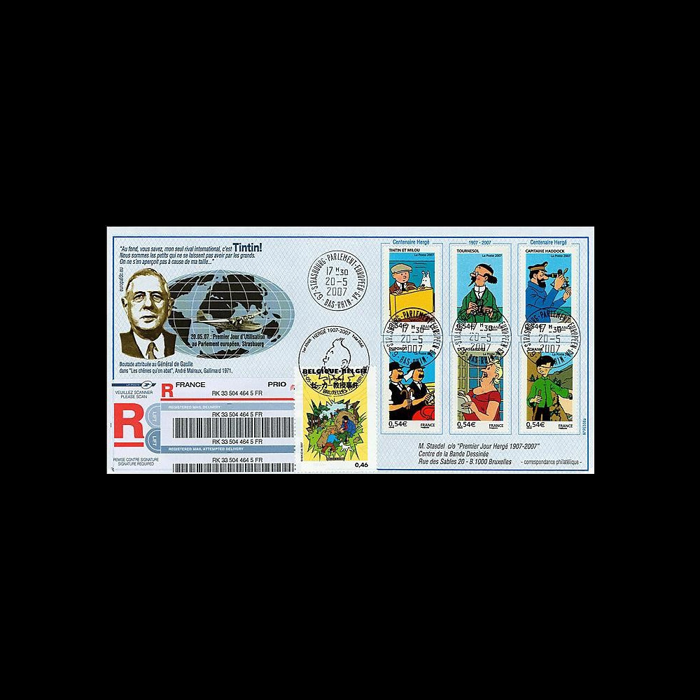 France 2007 - pli reco 'de Gaulle et Tintin - Centenaire Hergé'
